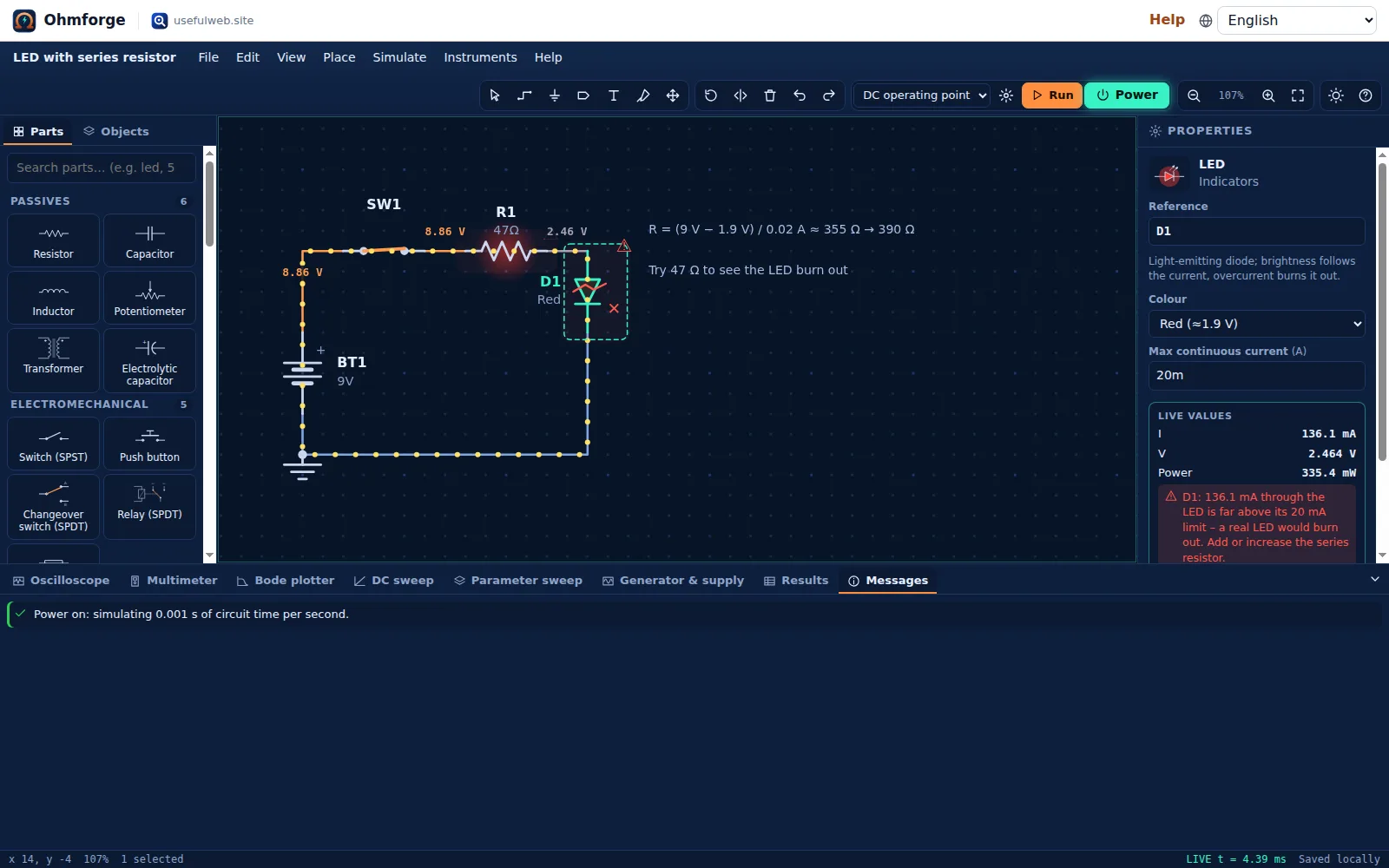 LED without enough series resistance shown burnt with a stress warning