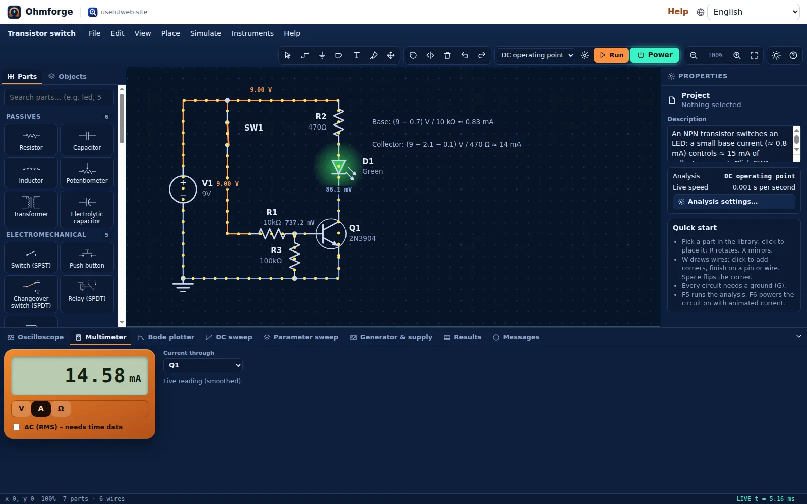 Transistor switch with animated current dots and voltage-coloured wires