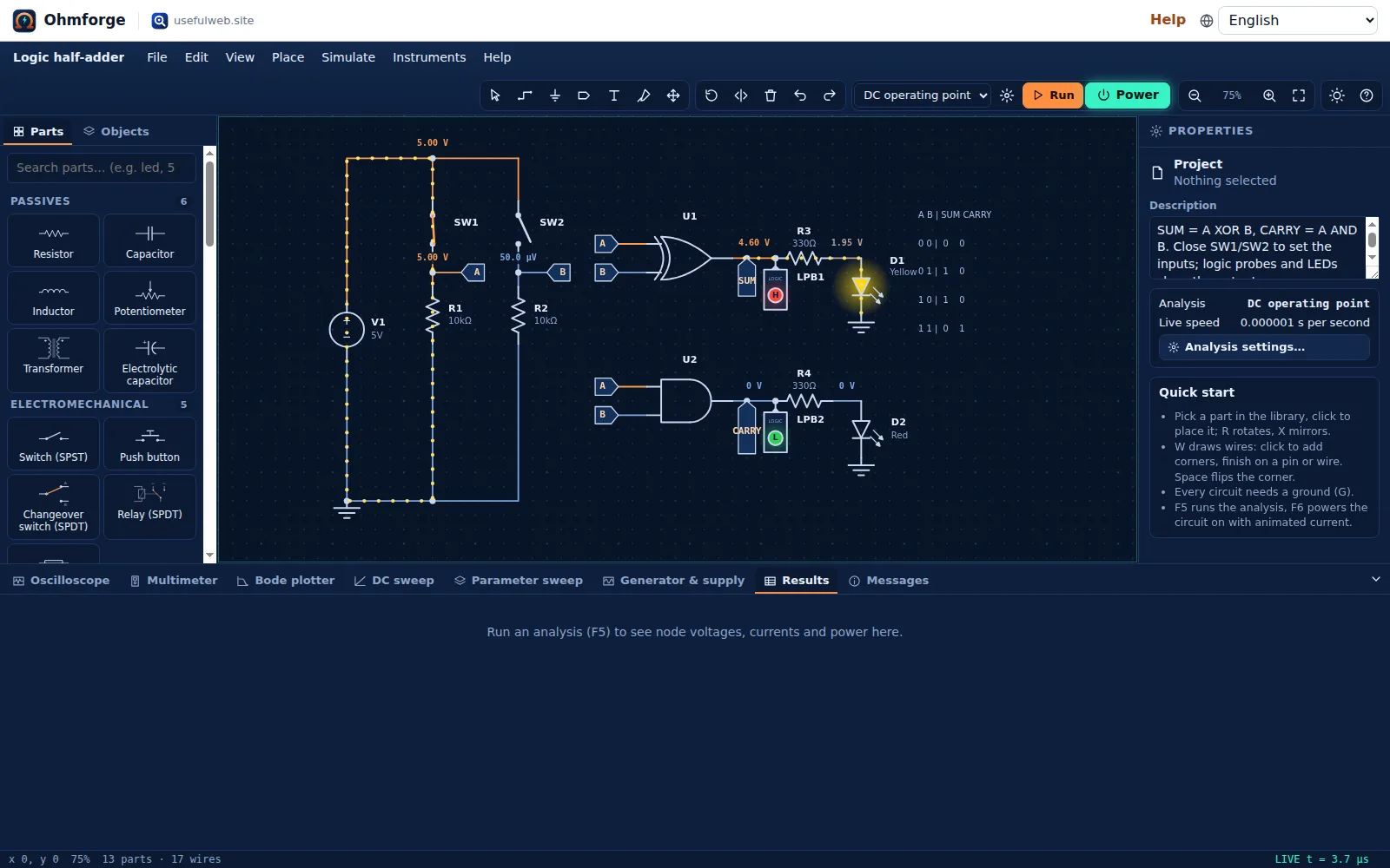 Logic half-adder with switches, logic probes and LEDs