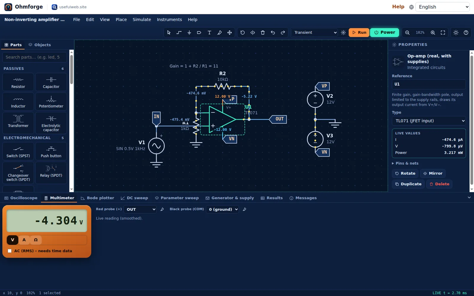Non-inverting op-amp with the multimeter and properties inspector