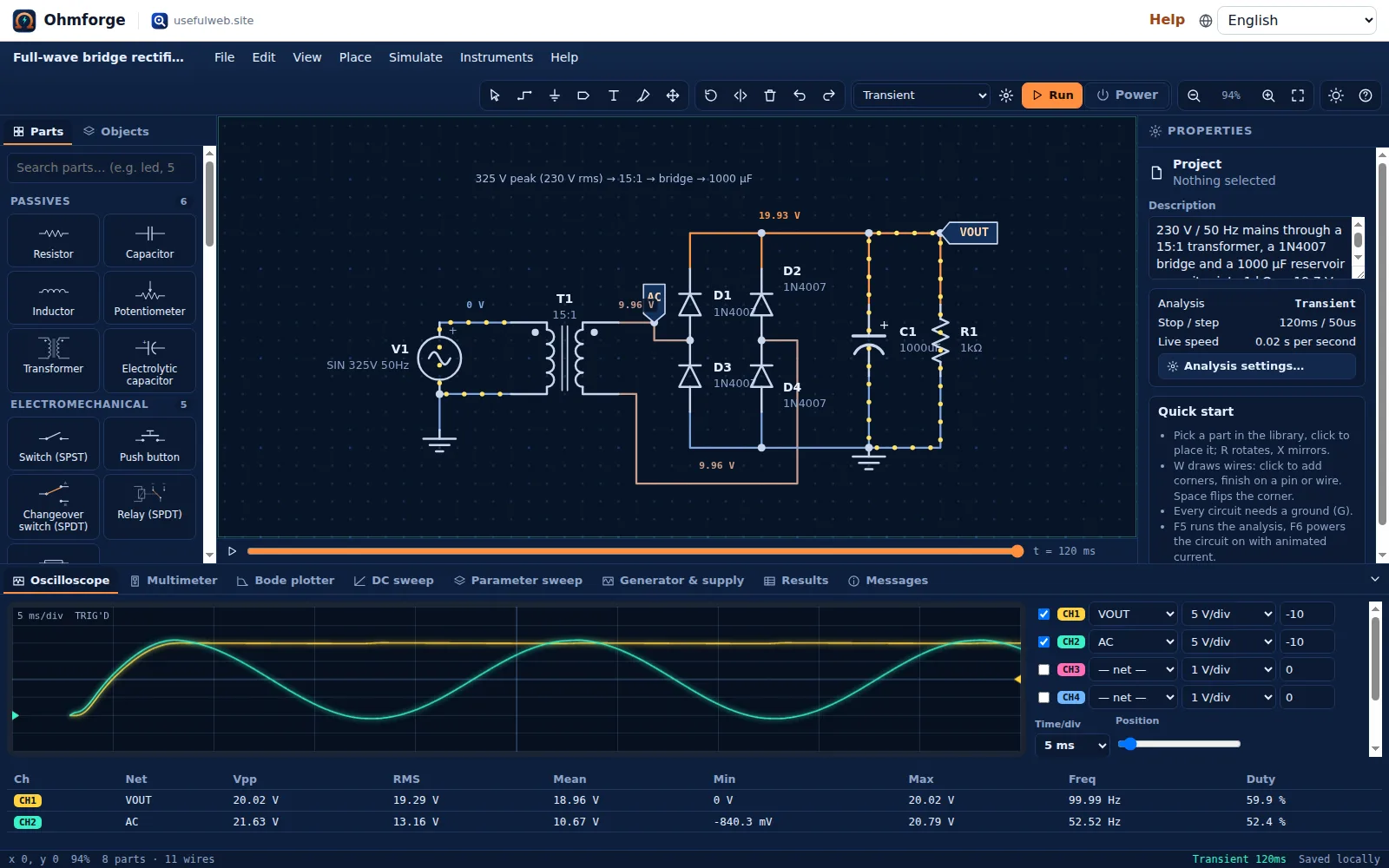 Full-wave bridge rectifier with smoothing capacitor and ripple on the oscilloscope