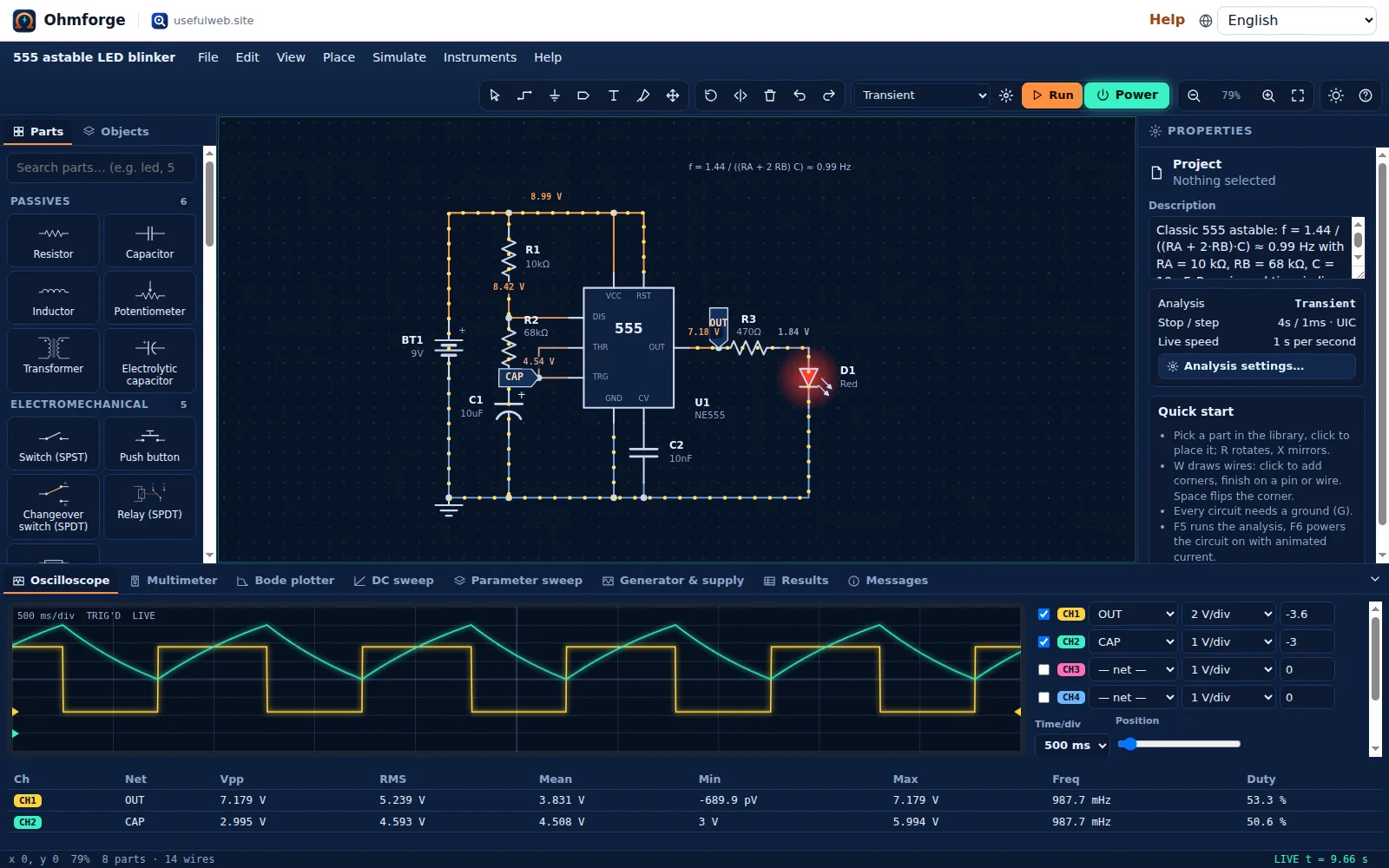 555 astable blinker running live with the oscilloscope showing the output and capacitor voltage