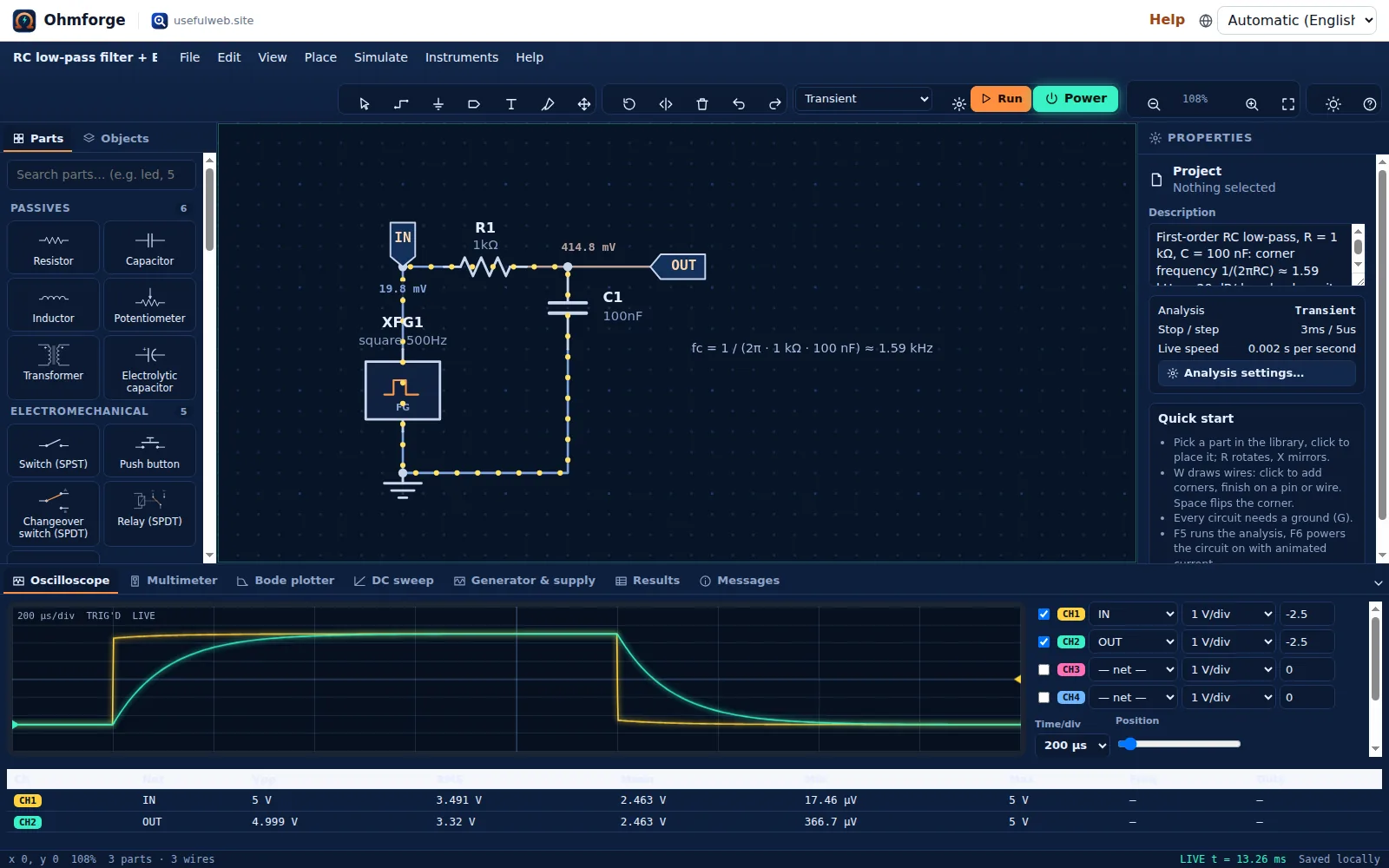 Live oscilloscope: 500 Hz square wave from the generator and the RC output