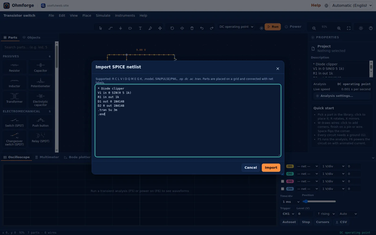 Import SPICE netlist dialog with the diode clipper netlist